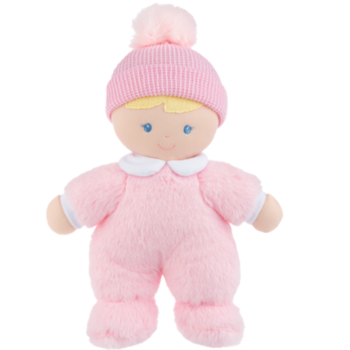 Soft pink plush baby doll with knit hat and pom-pom, designed for cuddling and comfort.