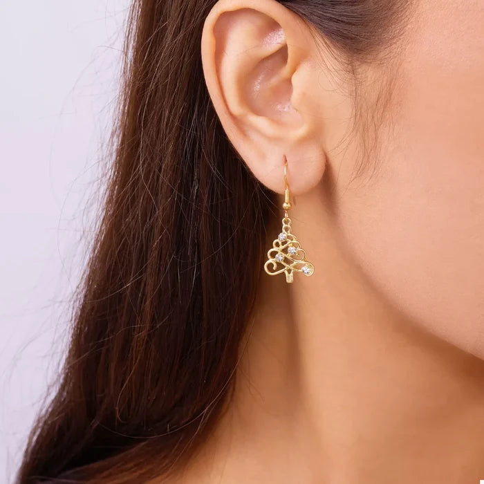18K Gold-Plated Rhinestone Christmas Tree Dangle Earrings