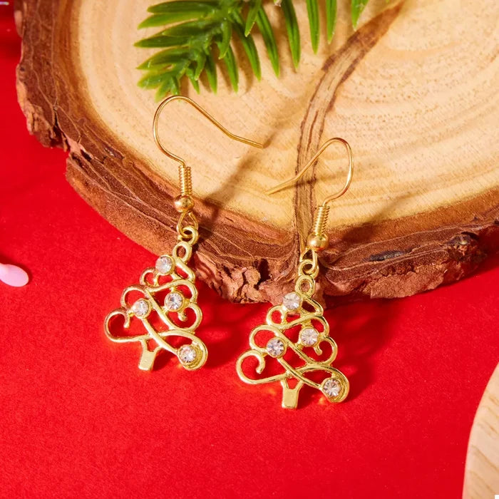 18K Gold-Plated Rhinestone Christmas Tree Dangle Earrings