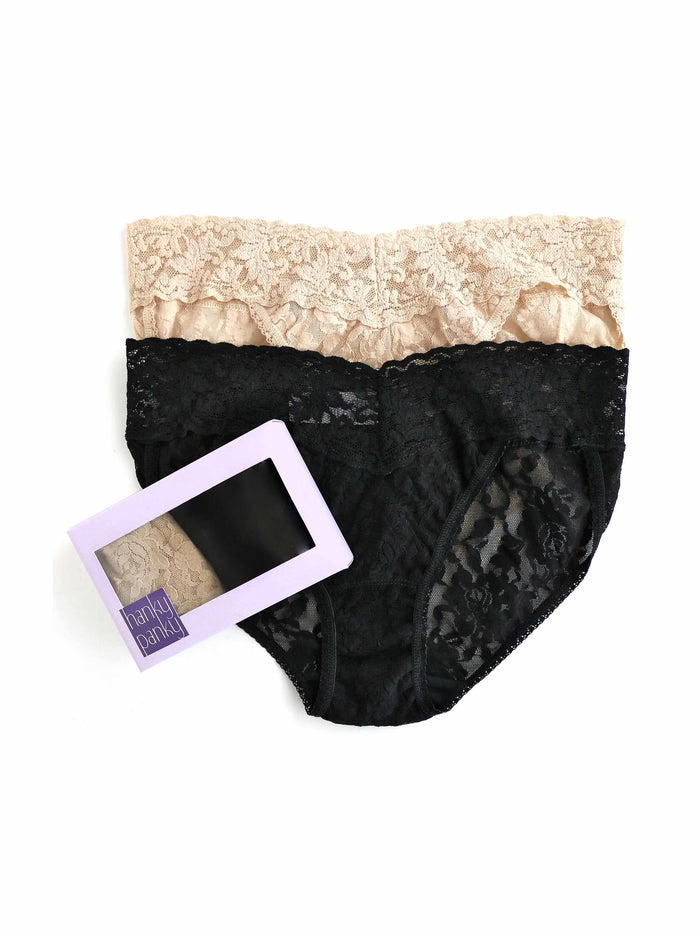 2 Pack Signature Lace® V-kini in Black & Chai - Flat Lay with Gift Box | Hanky Panky