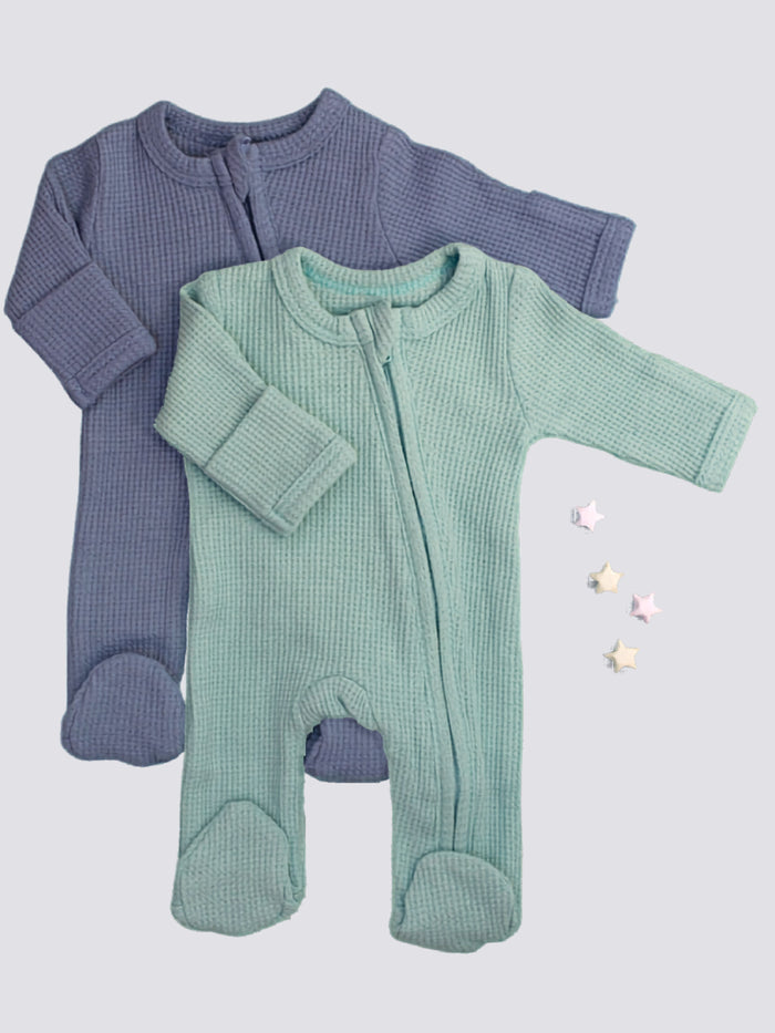 2 Pack Waffle Sleepsuits, Zip, Mitts, Feet - Blue/Mint Sleepsuit / Babygrow Little Dreamer