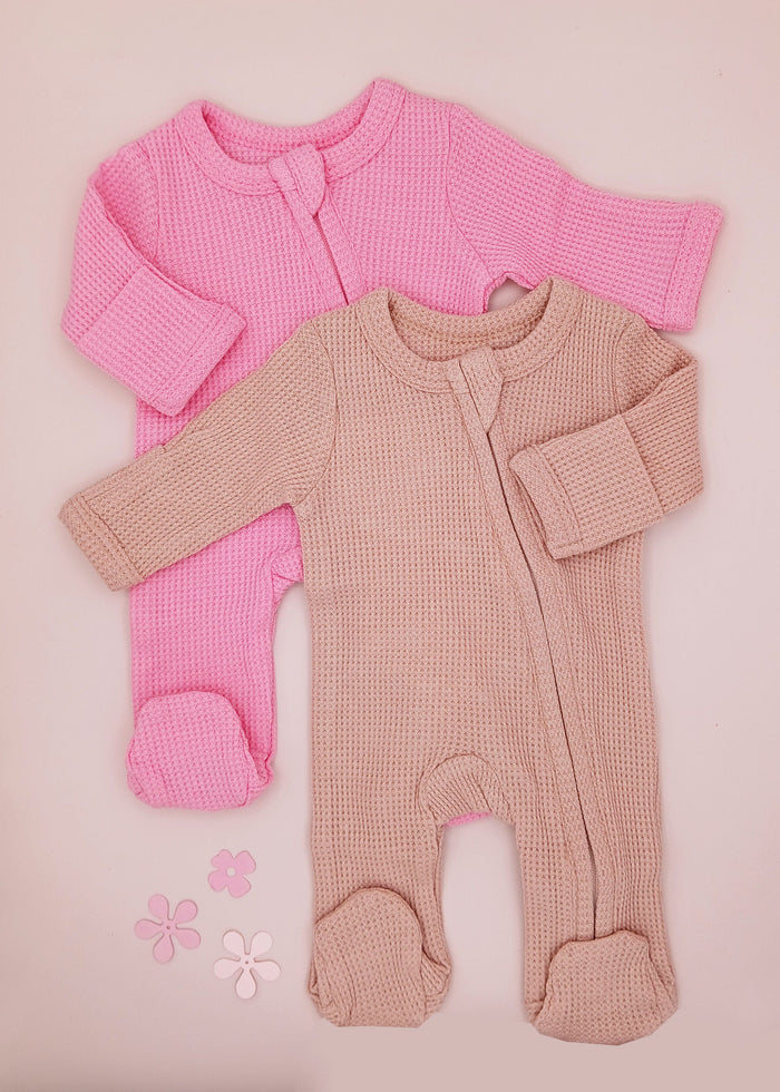 2 Pack Waffle Sleepsuits, Zip, Mitts, Feet - Pink Little Dreamer