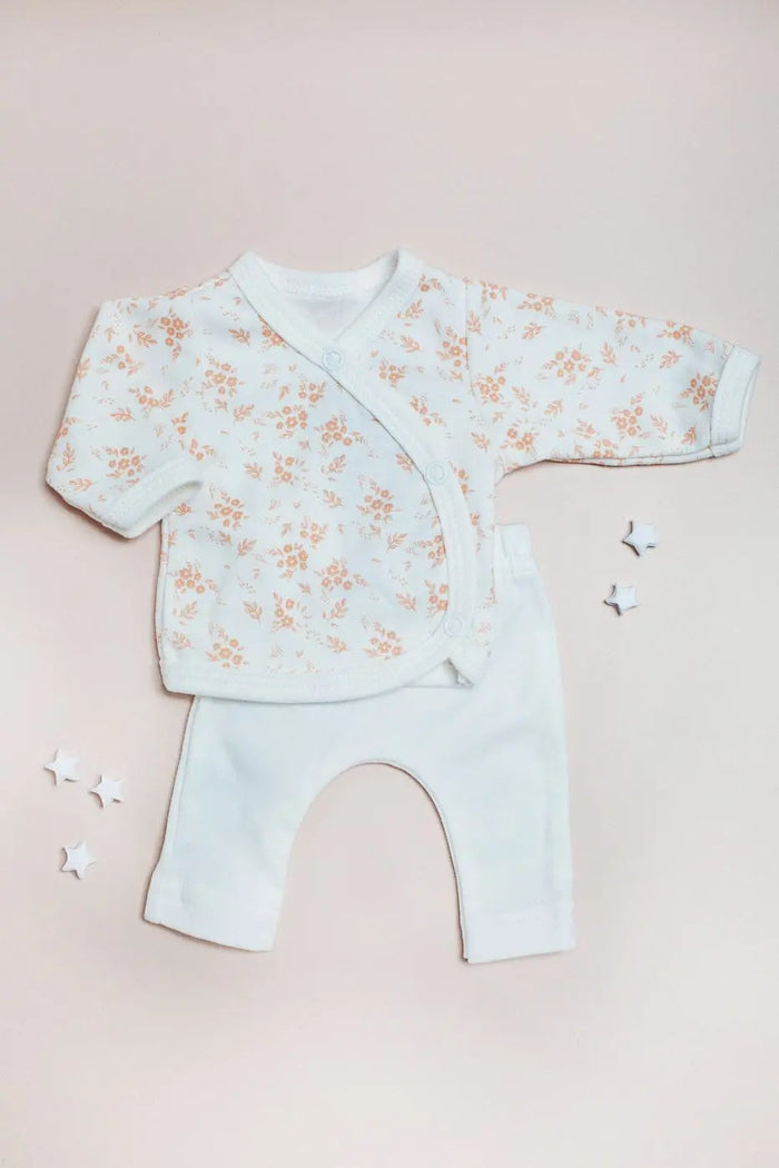 2 piece wrap top & trouser set, Apricot Floral , Organic Cotton Top & Trousers Tiny & Small