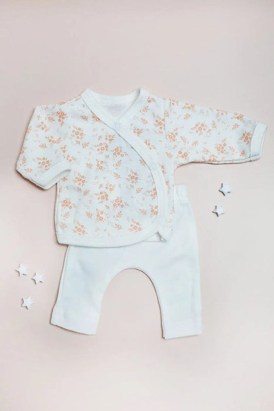 2 piece wrap top & trouser set, Apricot Floral , Organic Cotton Top & Trousers Tiny & Small