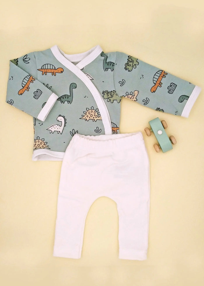 2 piece wrap top & trouser set, Dino Buddies, Teal Top & Trousers Tiny & Small