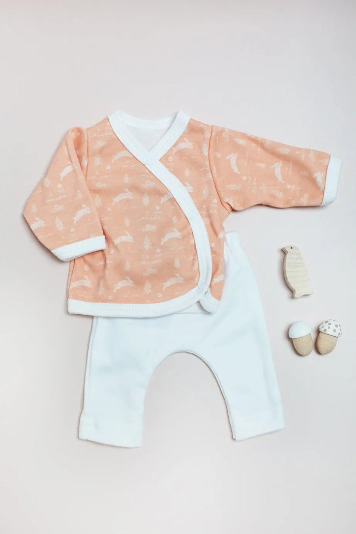 2 piece wrap top & trouser set, Leaping Bunnies, Organic Cotton Top & Trousers Tiny & Small