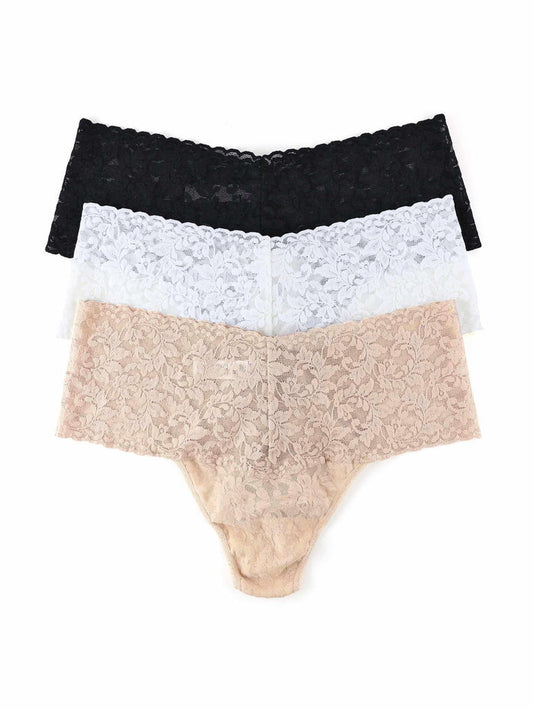 3 Pack Plus Size Retro Lace Thong in Black, White & Chai - Flat Lay | Hanky Panky