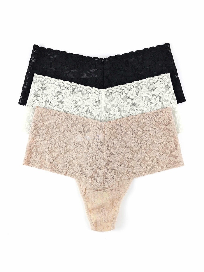 3 Pack Retro Lace Thong in Black, Marshmallow & Chai - Flat Lay | Hanky Panky