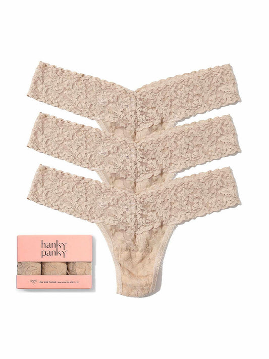 3 Pack Signature Lace® Low Rise Thongs Chai - Flat Lay with Gift Box, lace thong multipack | Hanky Panky