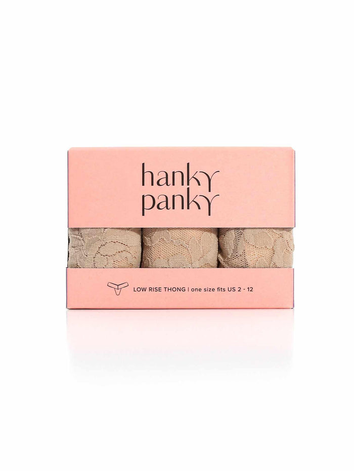 3 Pack Signature Lace® Low Rise Thongs Chai - Gift Box Front View, lace thong gift set | Hanky Panky
