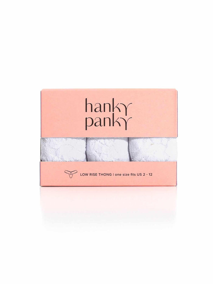 3 Pack Signature Lace® Low Rise Thongs White - Gift Box Front View, Lace Thong Gift Set | Hanky Panky