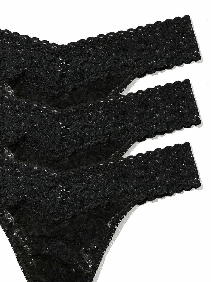 Black Signature Lace® Original Rise Thong - Scalloped Waistband & Stretch Lace Close-Up, 3-Pack | Hanky Panky