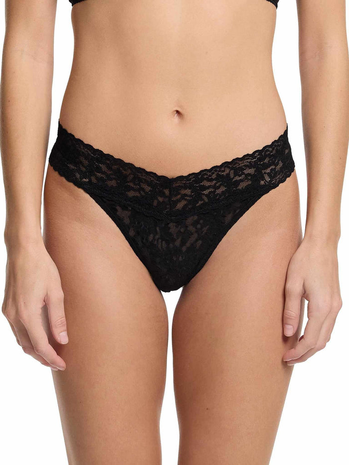 Black Signature Lace® Original Rise Thong - On Model Front View, Comfortable Lace Thong | Hanky Panky