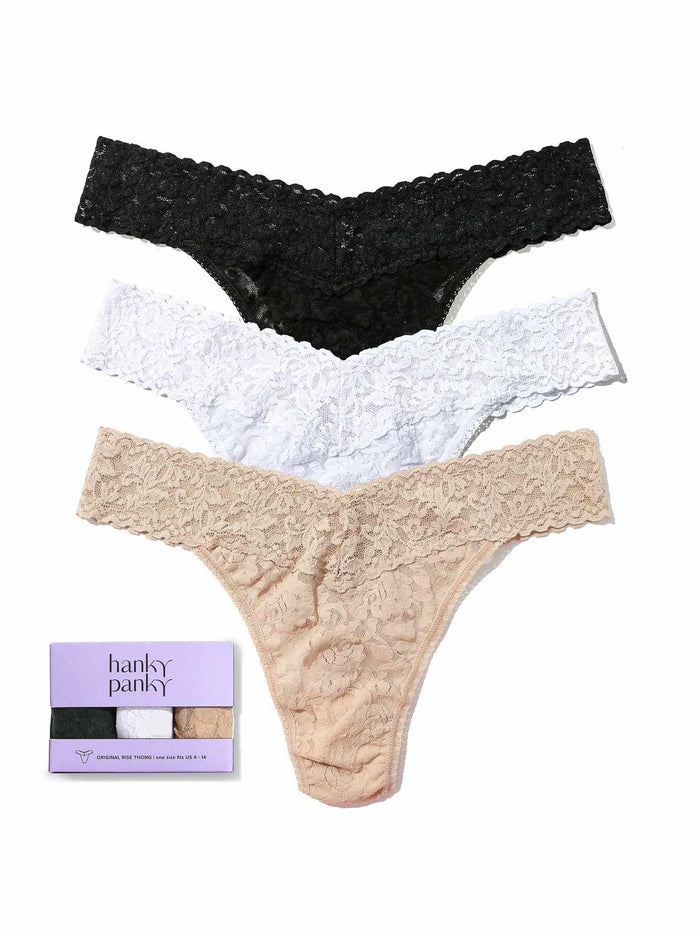 3 Pack Signature Lace® Original Rise Thongs in Black, White & Chai - Flat Lay with Gift Box | Hanky Panky