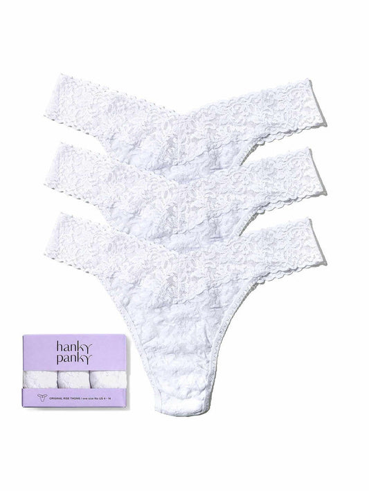 3 Pack Signature Lace® Original Rise Thongs White - Flat Lay with Gift Box | Hanky Panky