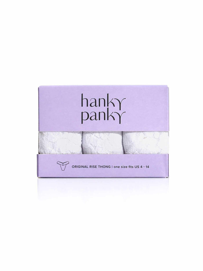3 Pack Signature Lace® Original Rise Thongs White - Purple Gift Box Front View | Hanky Panky