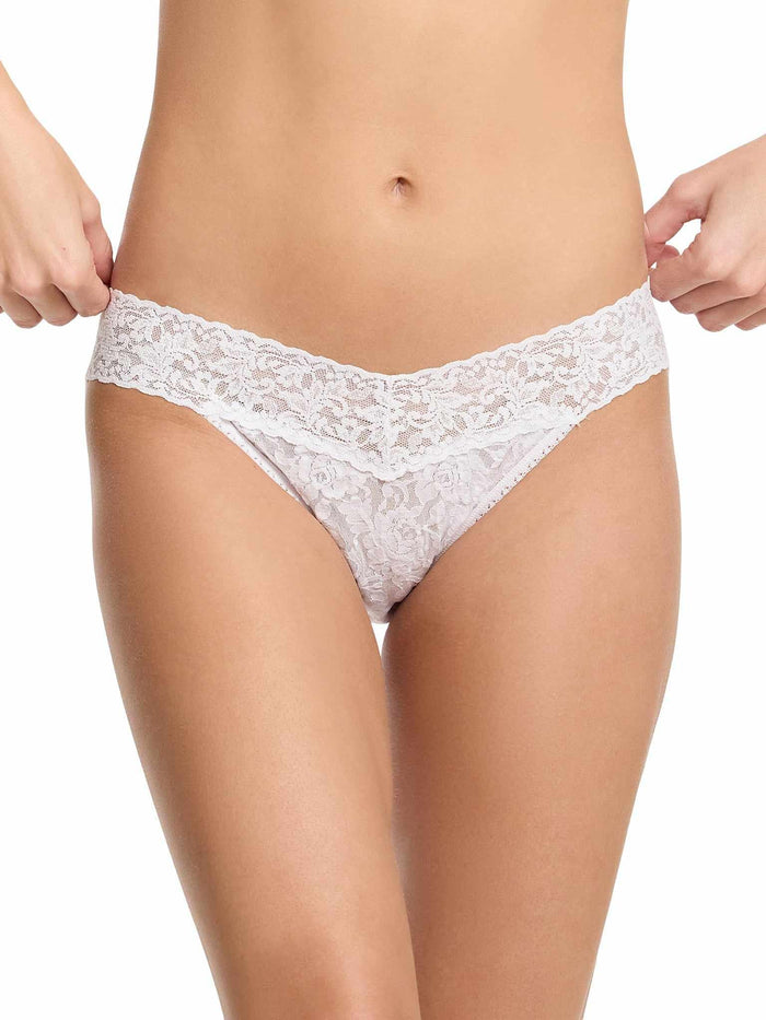 White Signature Lace® V-kini - Front On Model, Lace V-Waistband Detail | Hanky Panky