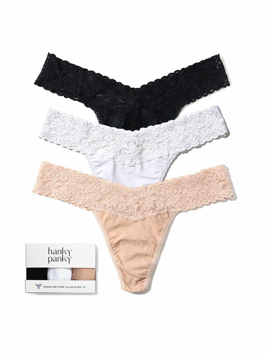 3 Pack Supima® Cotton Original Rise Thongs Black, White & Chai - Flat Lay with Gift Box | Hanky Panky