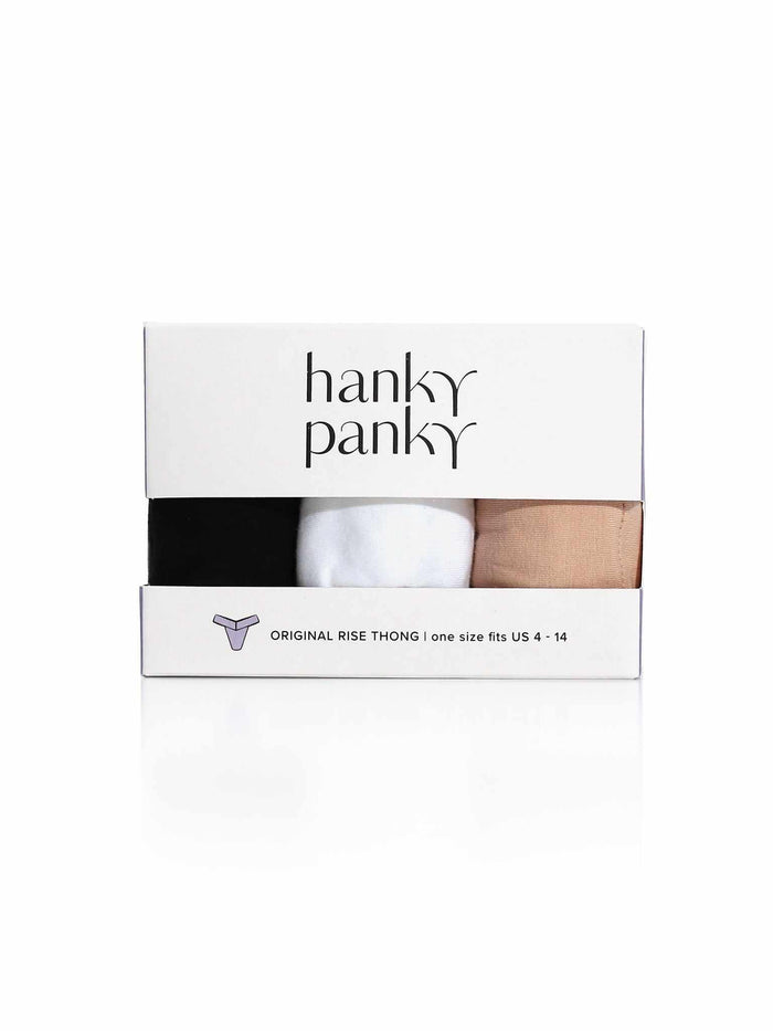 3 Pack Supima® Cotton Original Rise Thongs Black, White & Chai - Gift Box Front View | Hanky Panky