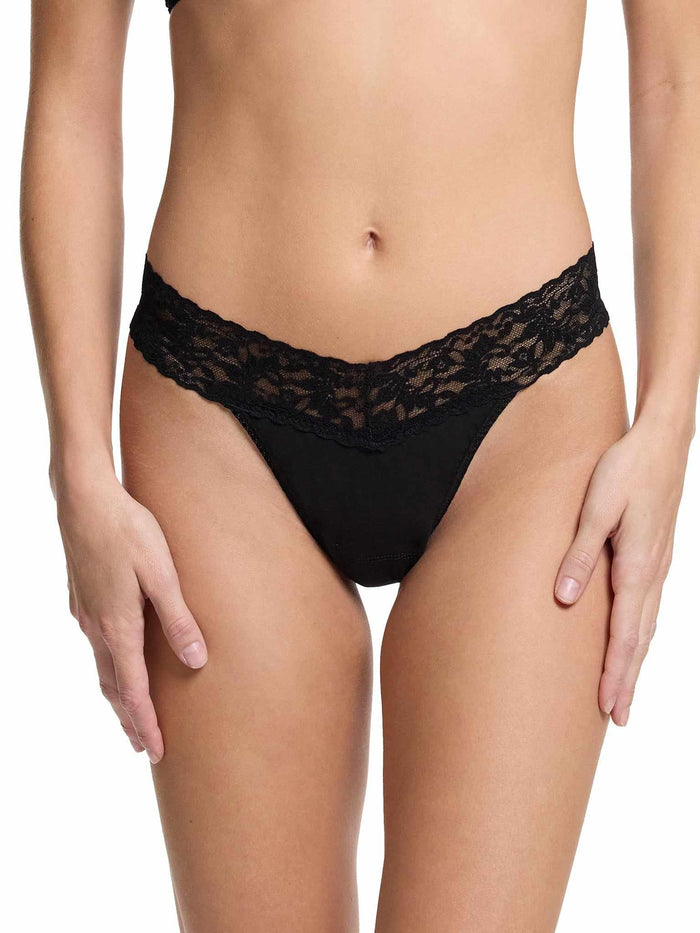 Black Supima® Cotton Original Rise Thong with Lace Waistband - On Model Front View | Hanky Panky