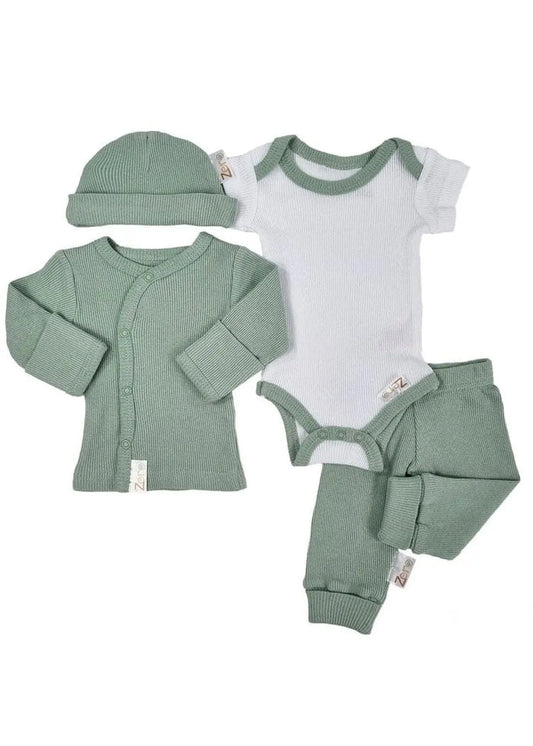 4 piece set - Vest, Top, Trousers & Hat - Sage Green & White Set Soft Touch