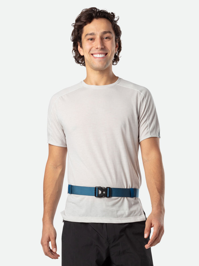 color:Storm Green/Finish Lime||seo:Nathan 5K Waist Running Belt - Storm Green/Finish Lime - On Model - Front of Belt