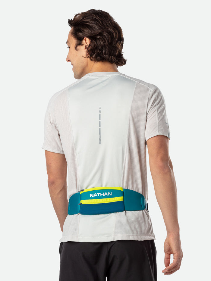 color:Storm Green/Finish Lime||seo:Nathan 5K Waist Running Belt - Storm Green/Finish Lime - On Model - Back of Belt
