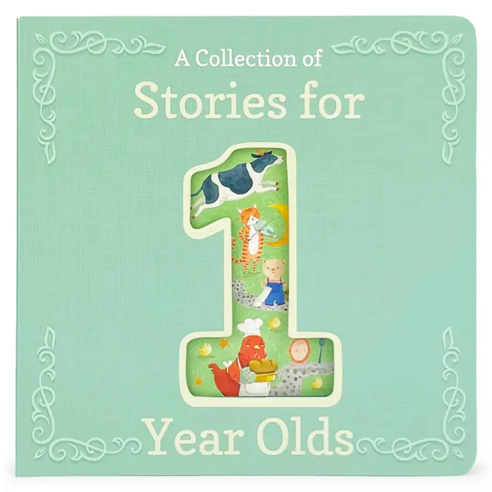 Mint-green board book titled “A Collection of Stories for 1 Year Olds” with a cutout number 1 showing playful illustrations.