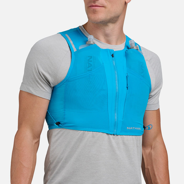 color:Electric Blue/Reflective Silver||seo: AeroZip 1 Liter Unisex Hydration Race Vest - Electric Blue/Reflective Silver - On Model - Front View