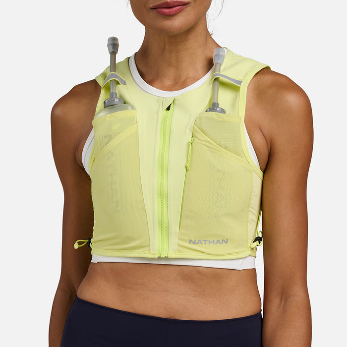 color:Light Lime/Reflective Silver||seo: AeroZip 1 Liter Women’s Hydration Race Vest - Light Lime/Reflective Silver - On Model - Front View