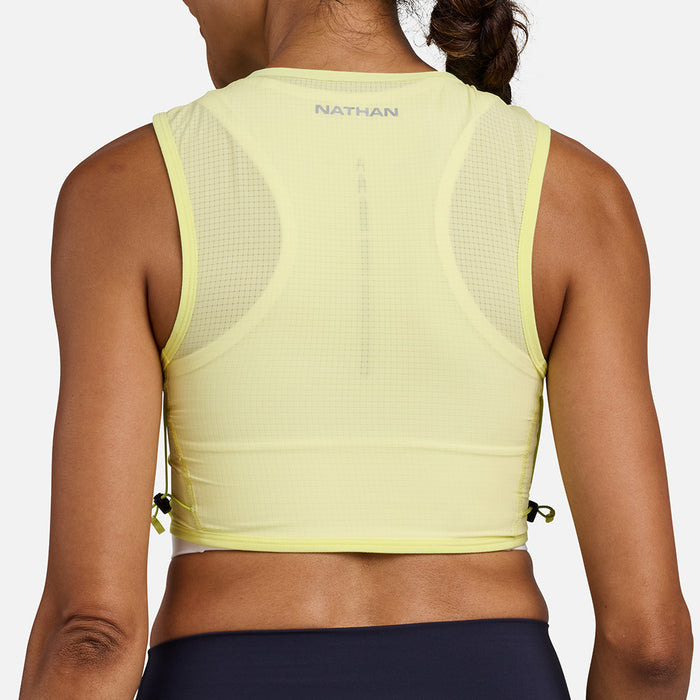 color:Light Lime/Reflective Silver||seo: AeroZip 1 Liter Women’s Hydration Race Vest - Light Lime/Reflective Silver - On Model - Back View