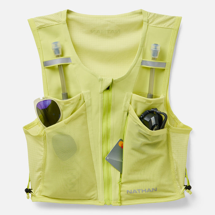 color:Light Lime/Reflective Silver||seo: AeroZip 1 Liter Women’s Hydration Race Vest - Light Lime/Reflective Silver - Showcasing Multiple Front Pockets That Can Be Used For Phones, Sunglasses, Flasks & More