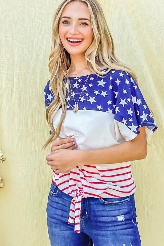 And The Why American Flag Print Tie Knot Front Casual Top