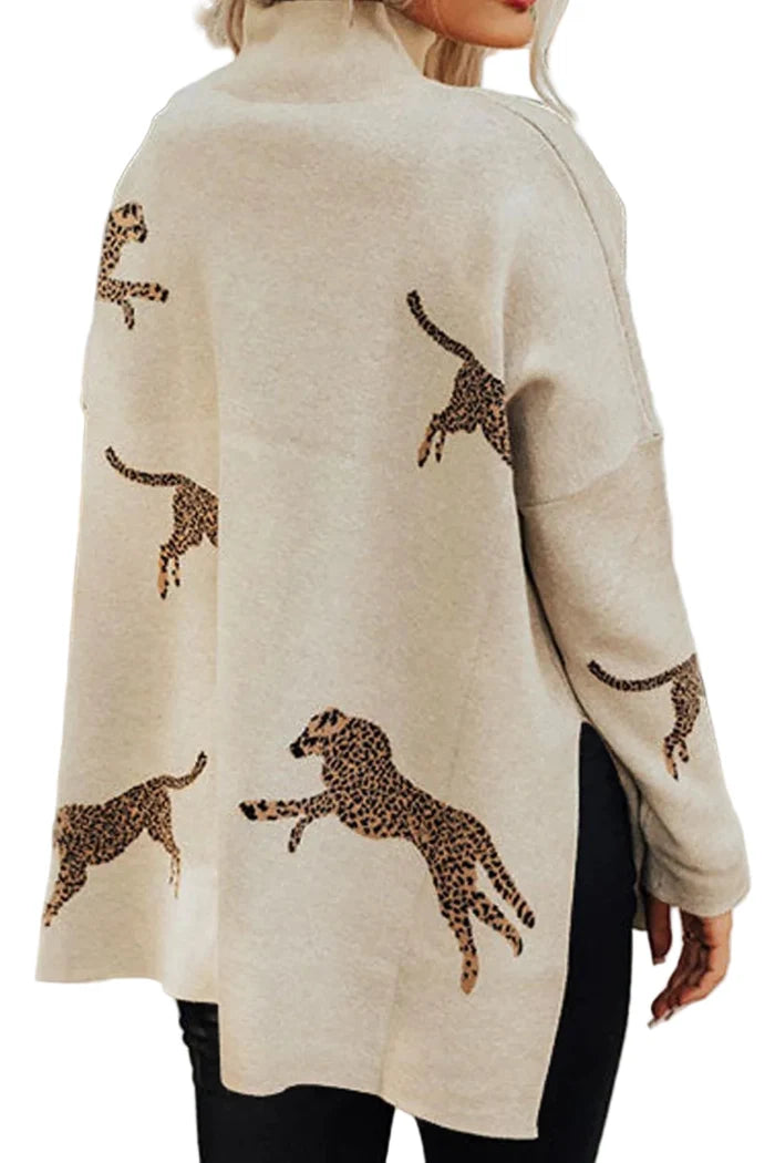 Animal Pattern Mock Neck Long Sleeve Slit Sweater