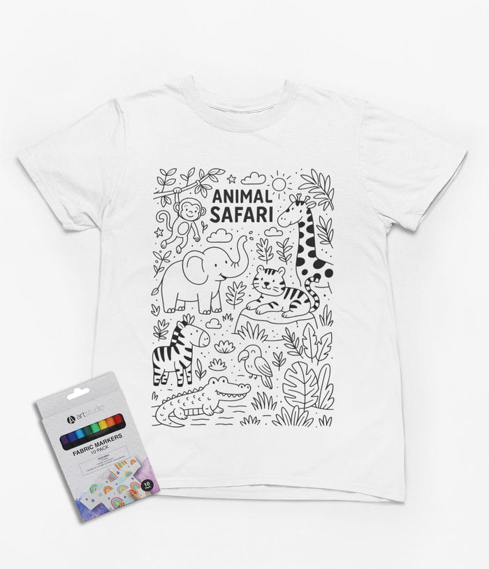 white kids t-shirt with animal safari colour-in jungle design and fabric markers