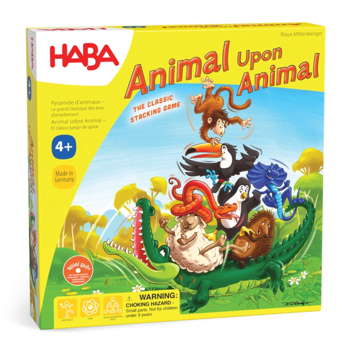 HABA Animal Upon Animal game box featuring stacked wooden animals on a crocodile.