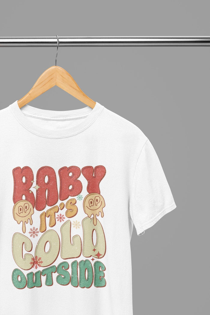white t-shirt with baby it's cold outside funny christmas design