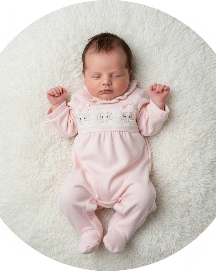 Baby Pink Smocked "Elephant" All In One Sleepsuit / Babygrow Tiny Chick
