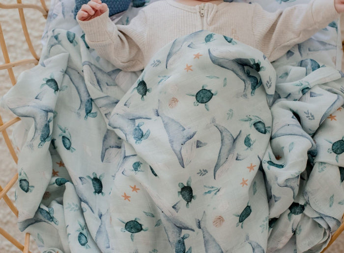 Bambella Bamboo Cotton Muslin Swaddle Wrap - Turtle Bay
