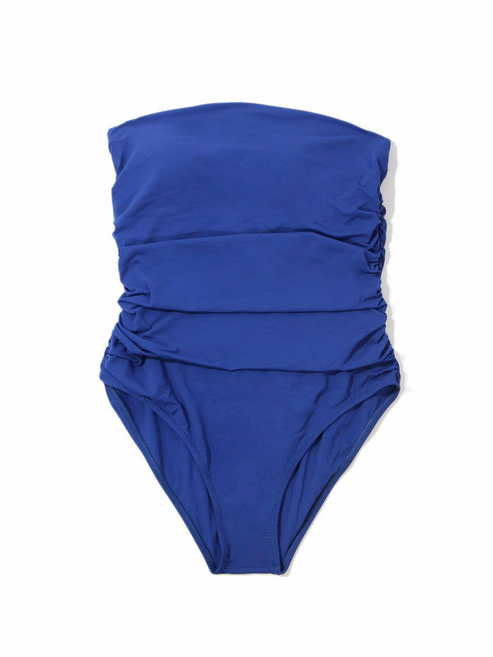 Poolside Blue Ruched Bandeau One Piece Swimsuit - Flat Lay, full silhouette detail | Hanky Panky