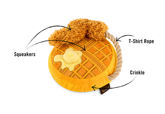 Barking Brunch Collection by P.L.A.Y. Chicken & Woofles Toy with features pointed out