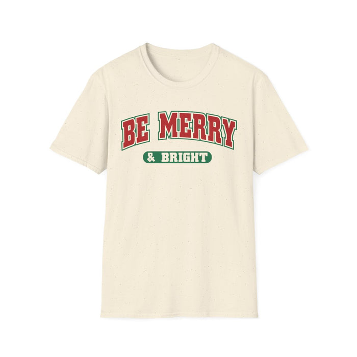 light blue t-shirt with be merry and bright festive slogan design