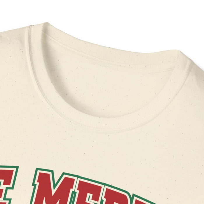 be merry and bright christmas t-shirt detail shot of printed design