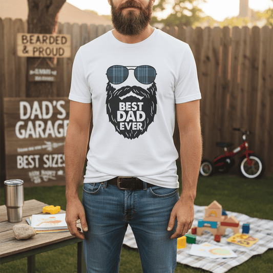 white t-shirt with best dad ever beard and aviators funny dad graphic