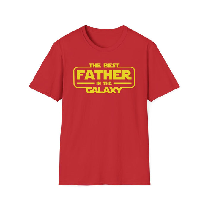 white t-shirt with bold best father in the galaxy sci-fi inspired print