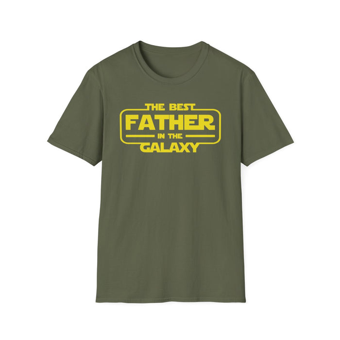 red t-shirt with best father in the galaxy design