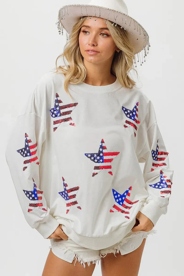 BiBi American Flag Sequin Star Sweatshirt