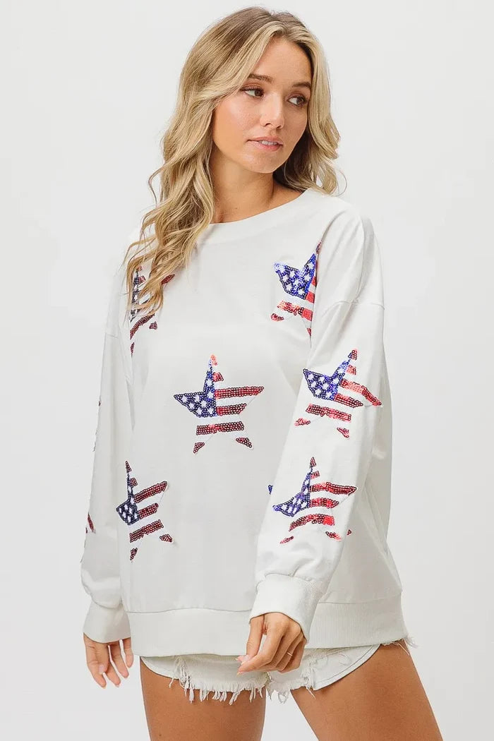 BiBi American Flag Sequin Star Sweatshirt