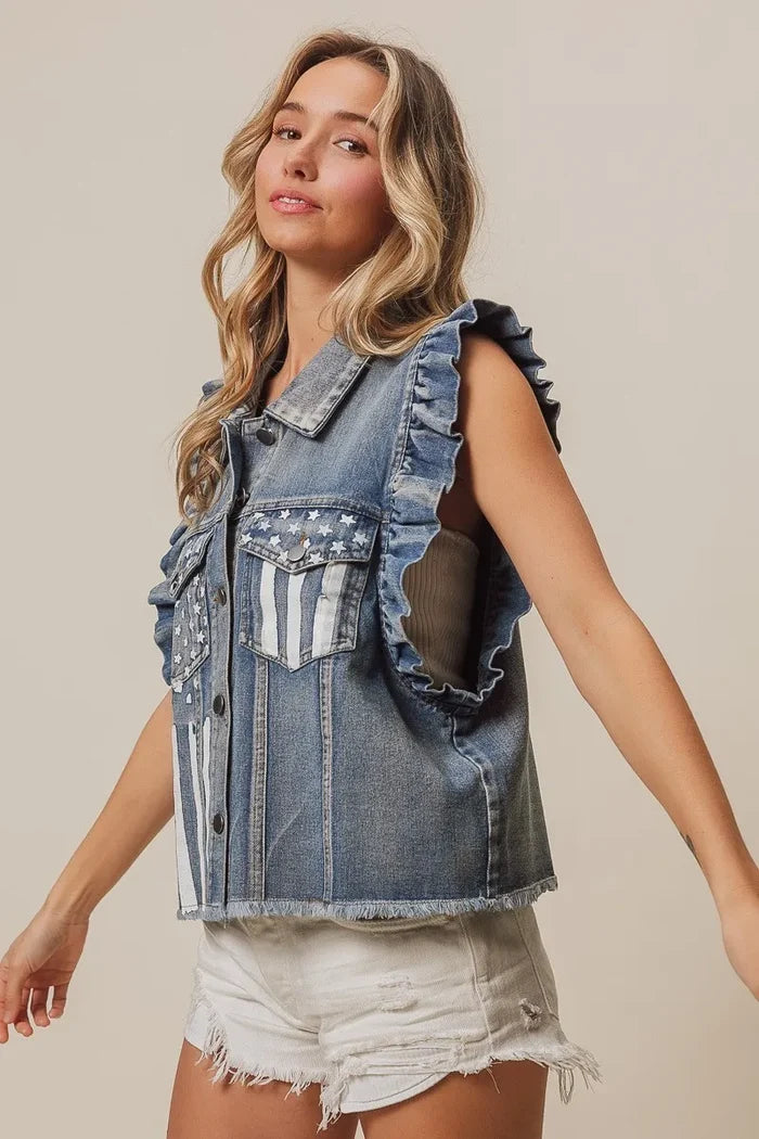 BiBi American Flag Washed Denim Jacket