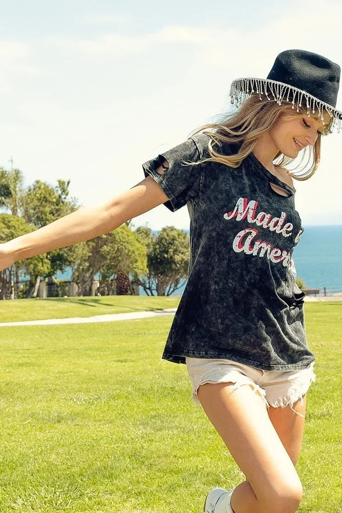 BiBi Laser Cut Mineral Washed America Print Top